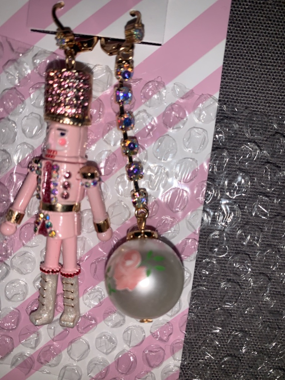 🆕-Betsey Johnson Pink Nutcracker Asymmetric Dangle Earrings with Floral Orb - Picture 5 of 6